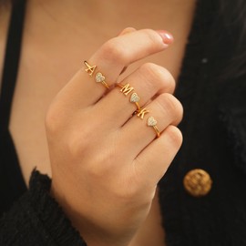 FUNEIA Heart Ring with Letters Women Gold Silver Rose Gold Adjustable Initial A-Z Zirconia Finger Ring Stacking Ring Waterproof Letter Ring Jewellery Girls Gift Box, Non-precious metal