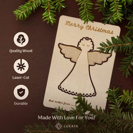 Lukata Premium Wooden Card with Pop-Out Angel & Envelope, Merry Christmas Card For Friends & Family, Hanging tree decorations, Linen Thread