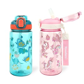 wooshwa Kids Water Bottle for School or Travel, 20 Oz 2 Pack Durable Plastic Water Bottle with Silicone Straw and Pop-Up Spout Cover, BPA Free & Dishwasher Safe(Unicorn & Dinosaur)