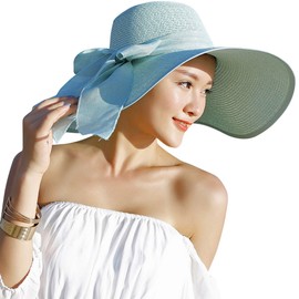 Lanzom Womens 5.7 Inches Big Bowknot Straw Hat Large Floppy Foldable Roll up Beach Cap Sun Hat UPF 50+ Fit Size 6 8/7-7 1/4(Green)