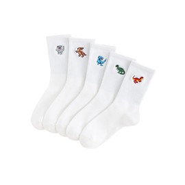 WDIRARA Men's 5 Pairs Dinosaur Embroidered Crew Socks Casual Cartoon Print Crew Socks White one-size