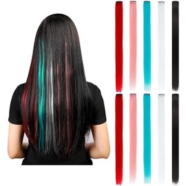 PacuM 10 Pcs Colored Clip in Hair Extensions 19 inch Colourful Hair Extensions Kids Synthetic Straight Hair Piece for Girls Women Party Hair Decor (White, Pink, Lake Blue, Burgundy, Black)