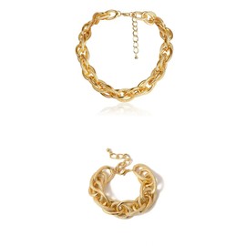 Layered Necklaces 2 Pcs Chunky Link Necklace Chains for Women And bracelets (Golden, One size)