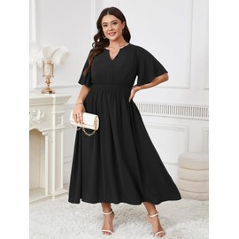 CICIDUDU Women's Plus Size Dress for Women Wedding Guest Cocktail Smocked Ruffle Short Sleeve V Neck Flowy Maxi Dresses Black