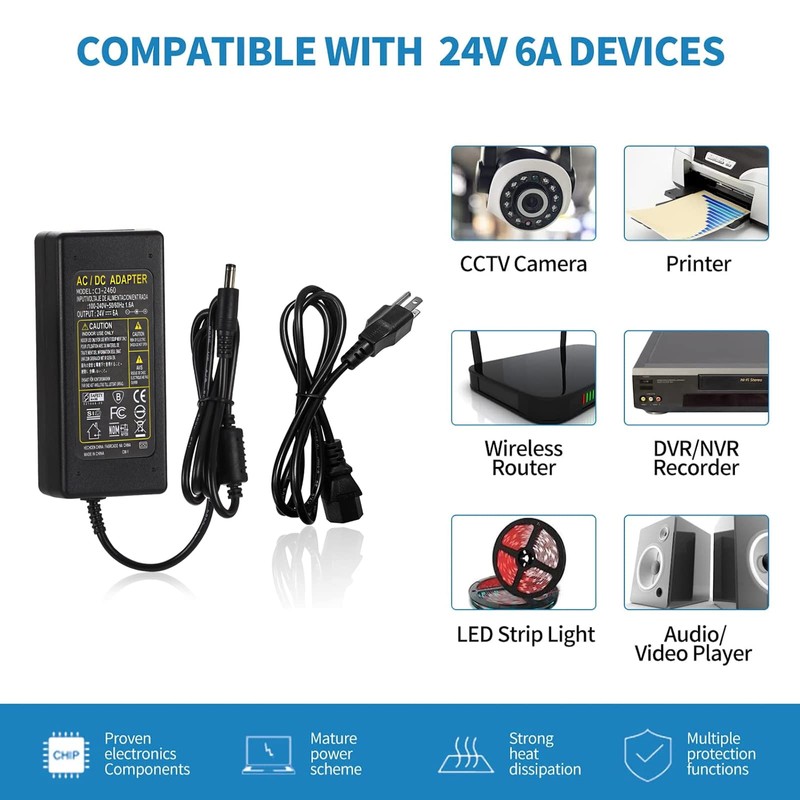24V 6A 144W Power Supply Adapter 100-240V AC to DC