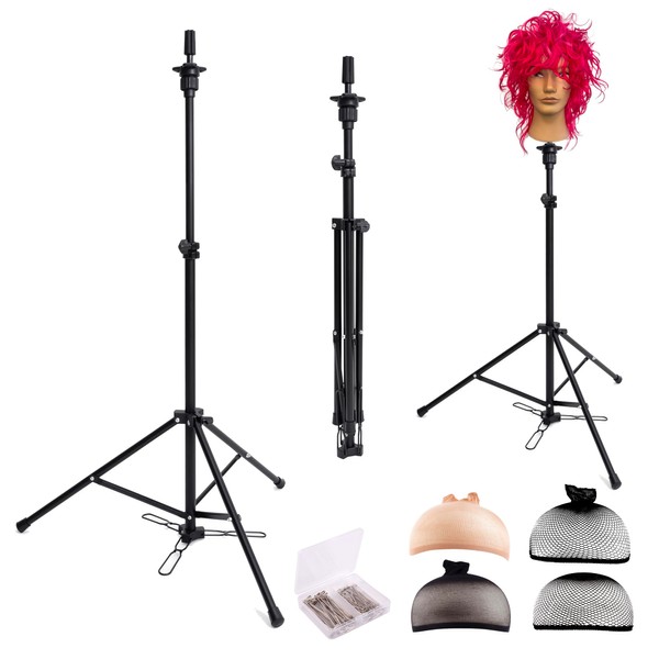 HYOUJIN Wig Head Stand,Wig Stand Tripod Mannequin Head Stand Adjustable Stand With Foot Panel for Mannequin Head,Manikin Head,Canvas Block Head with Wig Caps,T-Pins,Carry Bag 35.4-52.4in