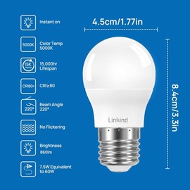 Linkind Linkind E27 P45/G45 LED Birne 7.5W, ersetzt 60 Watt, 860lm 5000K Tageslicht E27 Energiesparlampe mit 220 Abstrahlwinkel, nicht dimmbar, 6 Stck