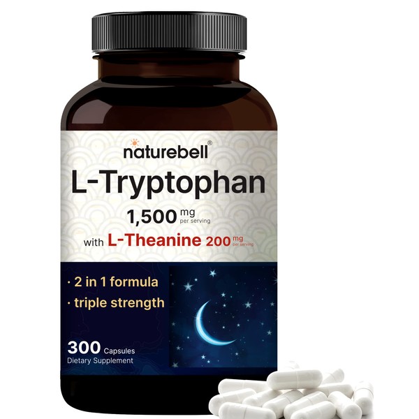 NatureBell L Tryptophan 1500mg with L Theanine 200mg, 300 Capsules | Active Free Form, Plant Based Supplement – Calm Formula, Supports Relaxation – Non-GMO & No Gluten