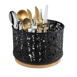 Gzsekken 360° Rotating Metal utensil holder - 4 Compartment Kitchen Cutlery Holder with wooden base Fork Spoon Napkin Caddy Organiser Flatware Rack Party Countertop Buffet Picnic Camping Outdoor