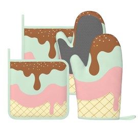 Pretty Ice Cream Cute Oven Mitts and Pot Holders Sets of 4, Heat Resistant Silicone Oven Mittens and Potholders Gloves Hot Pads for Kitchen Cooking Baking Grilling BBQ Chef