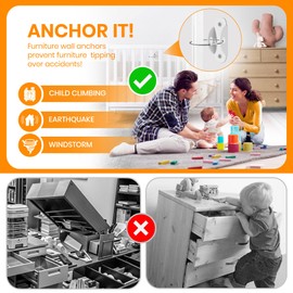 Furniture Anchors for Baby Proofing (10 Pack) Anti Tip Furniture Anchors Securing 400lbs,Wall Anchor Earthquake Straps Prevent Baby Pet from Falling Furniture Dresser & Bookshelf, White