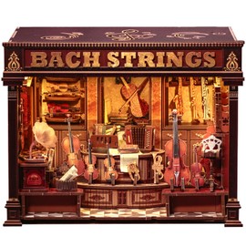 Cutefun Book Nook Kit, DIY Miniature Dollhouse Booknook Kit for Adults and Teens, Tiny House Bookshelf Insert Decor with LED Light, Gifts for Family and Friends (Bach Strings)