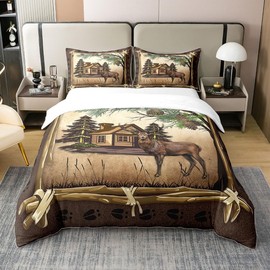 Castle Fairy 100% Nature Cotton Wild Elk Duvet Cover Full Size for Teens Youth,Jungle Adventure Wildlife Comforter Cover (Not Comforter),Vintage Country Deer Footprints All Season Super Soft Bedding