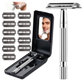 Rastrillos Para Afeitar Hombre Clasico, Rastrillo Para Navaja De Doble Filo Acero Noxidable Con 11 Cuchillas Y Caja Con Espejo, Rastrillo Acero Inoxidable Con Mango Largo, Estuche- Suave
