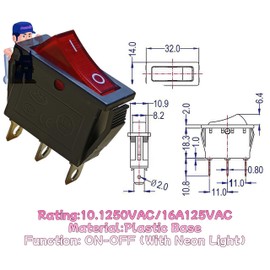2Pcs with Neon Light Lamp ZE-235L Rocker Switch Red Illuminated 16A 125VAC 250VAC ON/Off for Canal RH Series Defond DRH Silver Plated Copper Plastic Base Easy Installation Durable