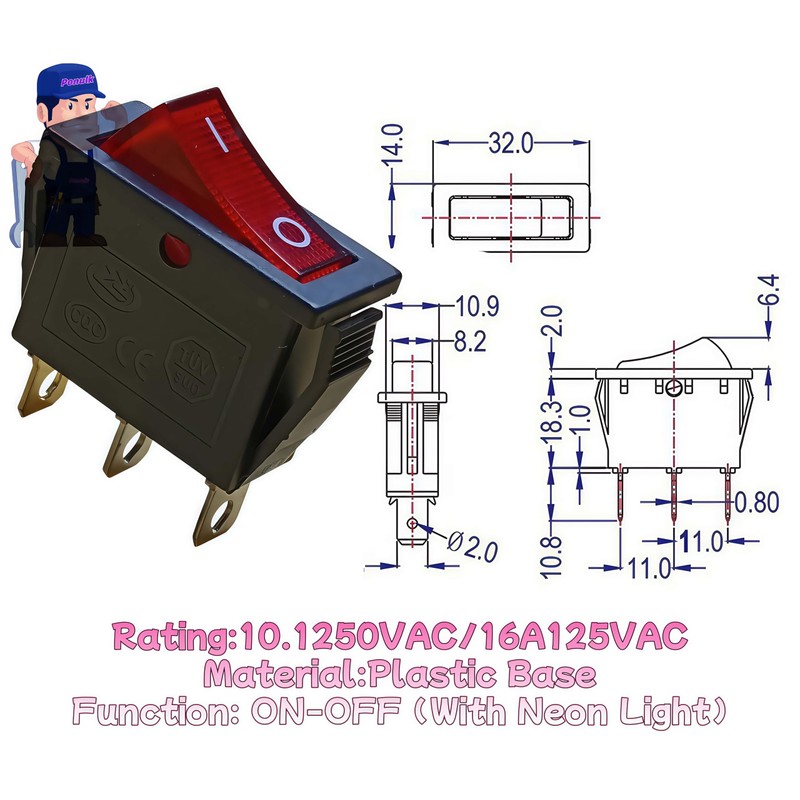 2Pcs with Neon Light Lamp ZE-235L Rocker Switch Red Illuminated