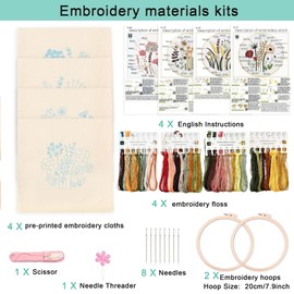 REEWISLY 4ps Embroidery Starter kit with Flowers Patterns and Instructions, DIY Adult Beginner Cross Stitch Kits, Including 2 Plastic Embroidery Hoop, 1 Pair of Scissors, Colored Threads and Needles