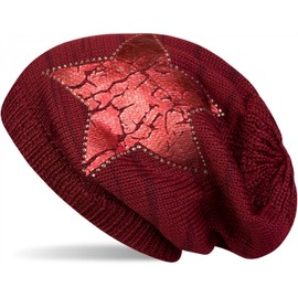 styleBREAKER knitted beanie hat with vintage star print and rhinestone border, knitted hat with stripe pattern, unisex 04024083, Color claret red/red