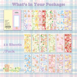 Korean Deco Stickers Set (12 Sheets), DIY Colorful Glitter Self Adhesive Stickers with Rabbit Bear Ribbon Flower Bubble, Kpop Potocard Korean Stickers, Cute Deco Stickers for Scrapbook Card Craft