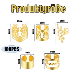 Pack of 100 Gold Hair Jewellery, Pirate Accessories, Hair Accessories, Women's Dreadlocks Jewellery, Hair Beads for Cliping, Cuffs, Hair Rings, Gold, Adjustable, Women for Hair Dreadlock