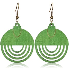 WUWEIJIAJIA Bohemian Hollowing Round Wooden Statement Dangle Drop Earrings Tribal Geometric Retro Handmade Wooden Hook Earrings of the Nation for Women (Light green)