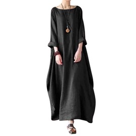 Jacansi Women Casual Party Oversize Cotton Linen Asymmetric Hem Swing Maxi Dress (04-Black, 4XL)