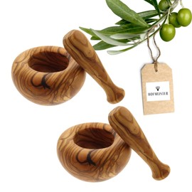 2 x Hofmeister® Mortar and Pestle, Set of 2, Olive Wood, Eye-catching Grain, Hard and Robust, for Crushing Spices and Herbs, Diameter 10 cm (Pack of 2)