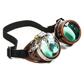 Valvetcrow Copper Steampunk Victorian Style Goggles Colored Lenses & Ocular Loupe Mad Scientist (Green)
