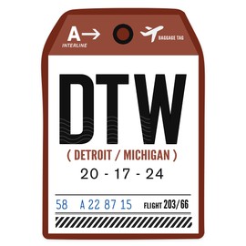 Die Cut Sticker Detroit, Michigan, DTW, Luggage Tag, Contour Vinyl Sticker 1 to 3 inches (Waterproof Decal for Cars, Water Bottles, Laptops, Coolers), Small