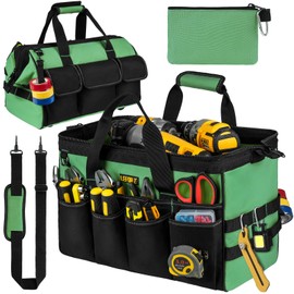 Tool Bag,16-Inch Heavy Duty Tool Bags for Men,27 Pockets Tool Box Organizer Storage,Wide Mouth Toolbag Tools Tote Carrying Case for Dad,Mechanic,Electrician,Black+Green,Bag Only