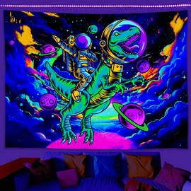 Divertido tapiz espacial con luz negra reactiva a los rayos UV, astronauta, universo de dinosaurio, decoración de luz negra, para hombres, habitación y recámara, tapices psicodélicos, brillantes en la oscuridad, para colgar en la pared