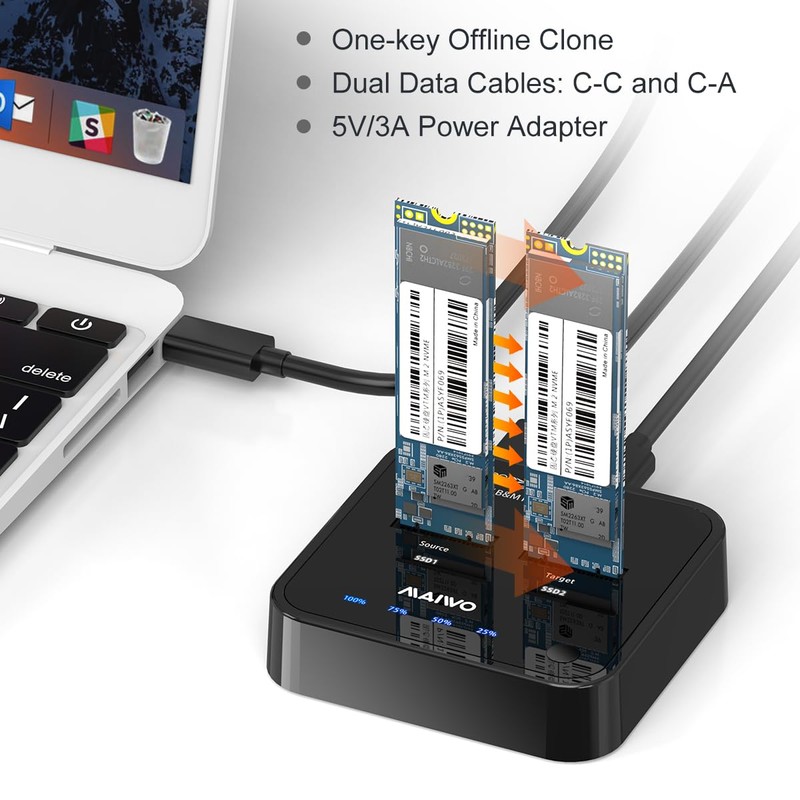 MAIWO Dual Bay NVMe M.2 SSD Duplicator Docking Station, 10Gbps