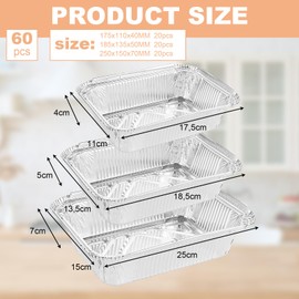 ZOFUN Pack of 60 Aluminium Trays, Grill Trays, Aluminium Trays, 1750 ml/700 ml/410 ml, Disposable Aluminium Bowls, Disposable Baking Moulds, Food Containers for Cooking, Roasting, Baking