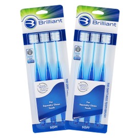 Brilliant Soft Bristle Toothbrush for Adults - Round Brush Head Micro-Fine, Rounded-Tip 360 Degree All Around Bristles, Sensitive Tooth Brush, Oral Hygiene Products, Blue, 6 Count
