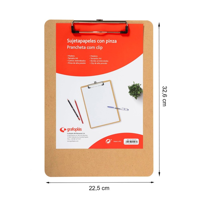 Grafoplás 1550649 Clipboard with Clip, A4, Wood, Rounded Edges