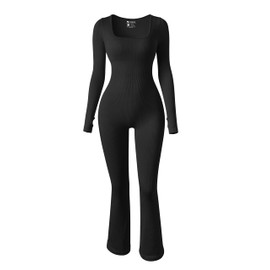 OQQ Women Yoga Jumpsuits Ribbed Exercise Long Sleeve Tops Bell Bottoms Flare Jumpsuits Black