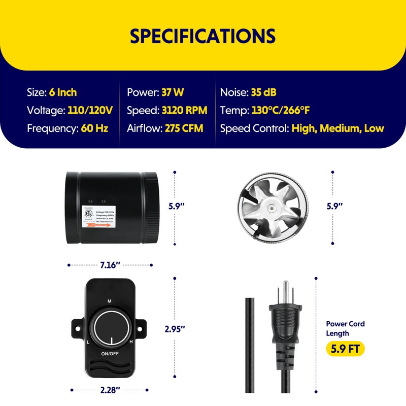 iPower Inline Booster Duct Fan 6'' with Speed Controller, Low