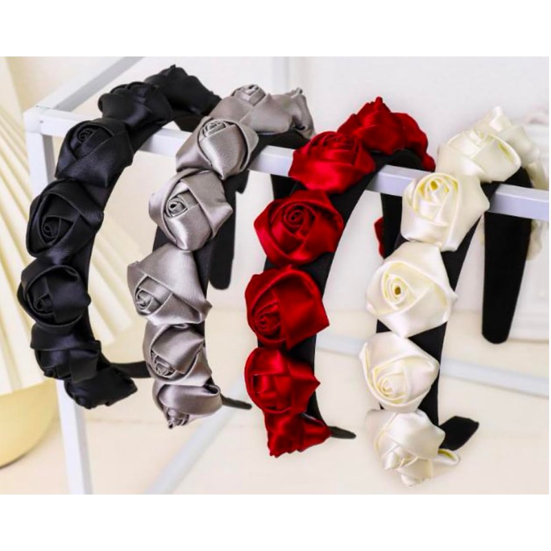 Rose Satin & Velvet Headband (Pink, 1 inch)