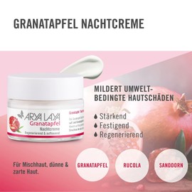 ARYA LAYA Pomegranate Night Cream: Strengthens & Regenerates, Reduces Environmental Skin Damage by UV Light at Night, for Combination Skin, Thin & Delicate Skin, with Tendency to Couperose, Vegan, 50