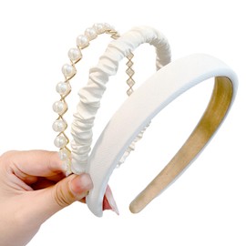 DIELOVEHUA Pack of 3 Girls' Headbands, Pearl Headband, Girls Wide Headband, Non-Slip Headbands, Headband Set for Women, for Birthday, Wedding, Party, Valentine's Day, White