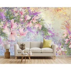 YIHWM -Magnolia Flower Botanical Floral Fabric Wallpaper Living Room Bedroom Bathroom Flowers Wall Mural- 91"x65"（ not Peel and Stick）