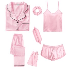 SWOMOG Women's Silk Satin Pyjamas Sets 7 Pieces Sleepwear Sexy Cami Shorts Set and Button Down Short Sleeve Satin Pjs, pink