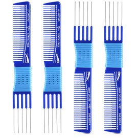 Patelai 4 Pcs Carbon Lift Teasing Comb with Metal Prong Lift Teasing Comb and Hair Pick Salon Fluffing with 5 Stainless Steel Pins for Women Hair(Blue)