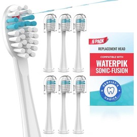 Toothbrush Replacement Heads Compatible with Waterpik Sonic Fusion 2.0 &amp; Flossing SF01/SF02/SF03/SF04  Dupont Nylon Color Fade Bristles - 6 Pack - Color: White, Size: 6 Count (Pack of 1)