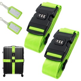 Pack of 2 Luggage Strap with Lock, Suitcase Strap Striking, Durable Webbing with High Density, Luggage Strap Ideal Over Cross, Includes 2 Name Tags, Fluorescent Green (Colour)