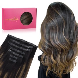 WENNALIFE Seamless Clip In Hair Extensions, 14 Inch 7pcs 130g Balayage Natural Black to Chestnut Brown Hair Extensions Clip In Invisible PU Weft Real Human Hair Extensions Clip In
