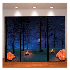 MQCGLJ Forest Night Scene Camping Photo Backdrop Campfire Event Photo Photography Background Banner Decoration Children Themed Birthday Baby Shower Party Decor 6x4ft