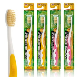 MOUTHWATCHERS - Cepillo de dientes suave para niños, paquete de 4, cepillo de dientes manual con hilo dental, ultra limpio, 2 cepillos de dientes amarillos y 2 rosados, por Dr. Plotka's