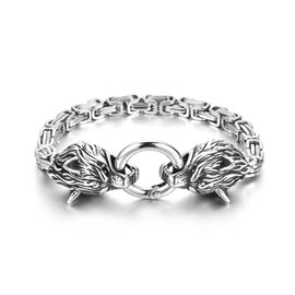 PiercingJak Men Viking Wolf Head Bracelet for Men Stainless Steel King Byzantine Chain Men's Nordic Viking Norse Jewelry Biker Amulet Odin's Wolf Bracelets