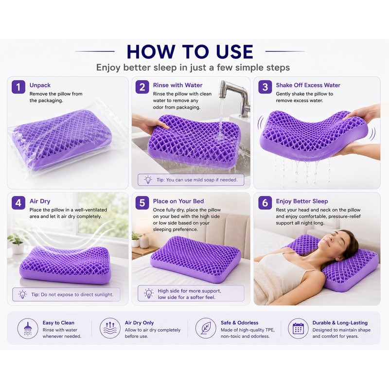 Purple Memory Foam Contour Pillow with Breathable Air Layer, Water